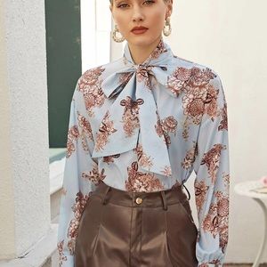 Long sleeved Blue satin flower top